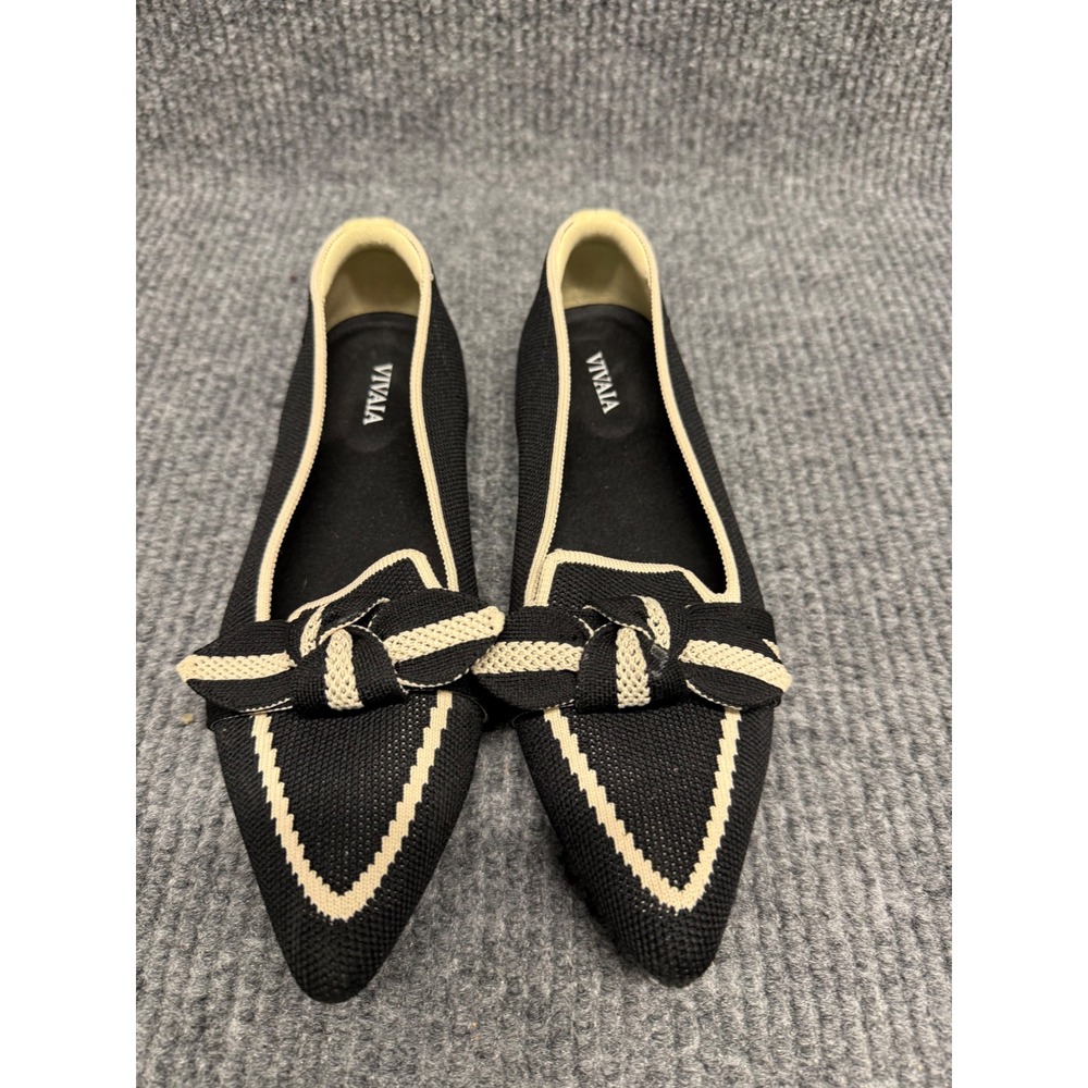 VIVAIA Black Cream Pointed Toe Knit Bow Flats Sustainable Slip On Shoe SZ 7 37.5
